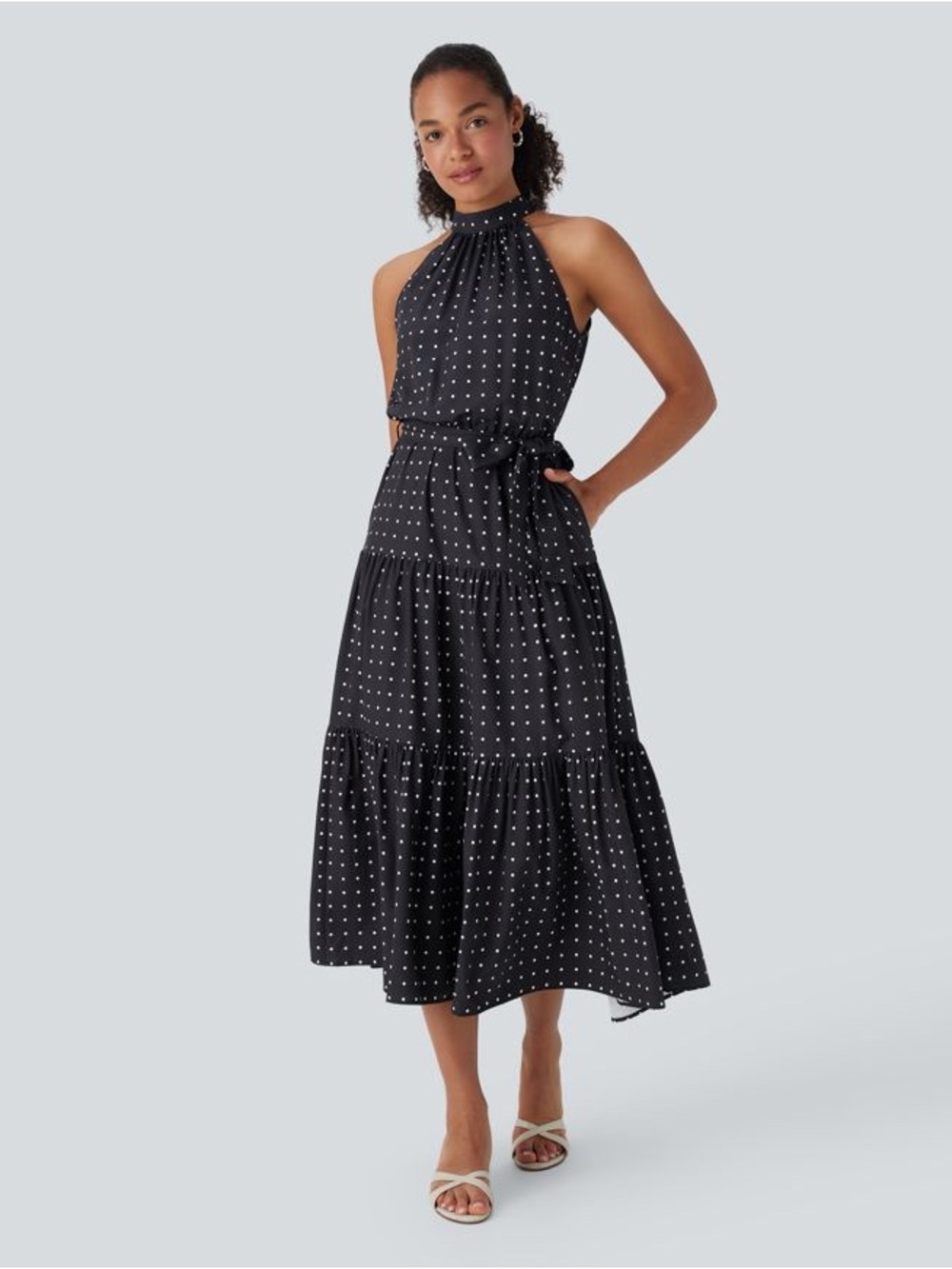 95% polyester 5% spandex Black Polka Dot Halter Midi Dress - Women(with belt)